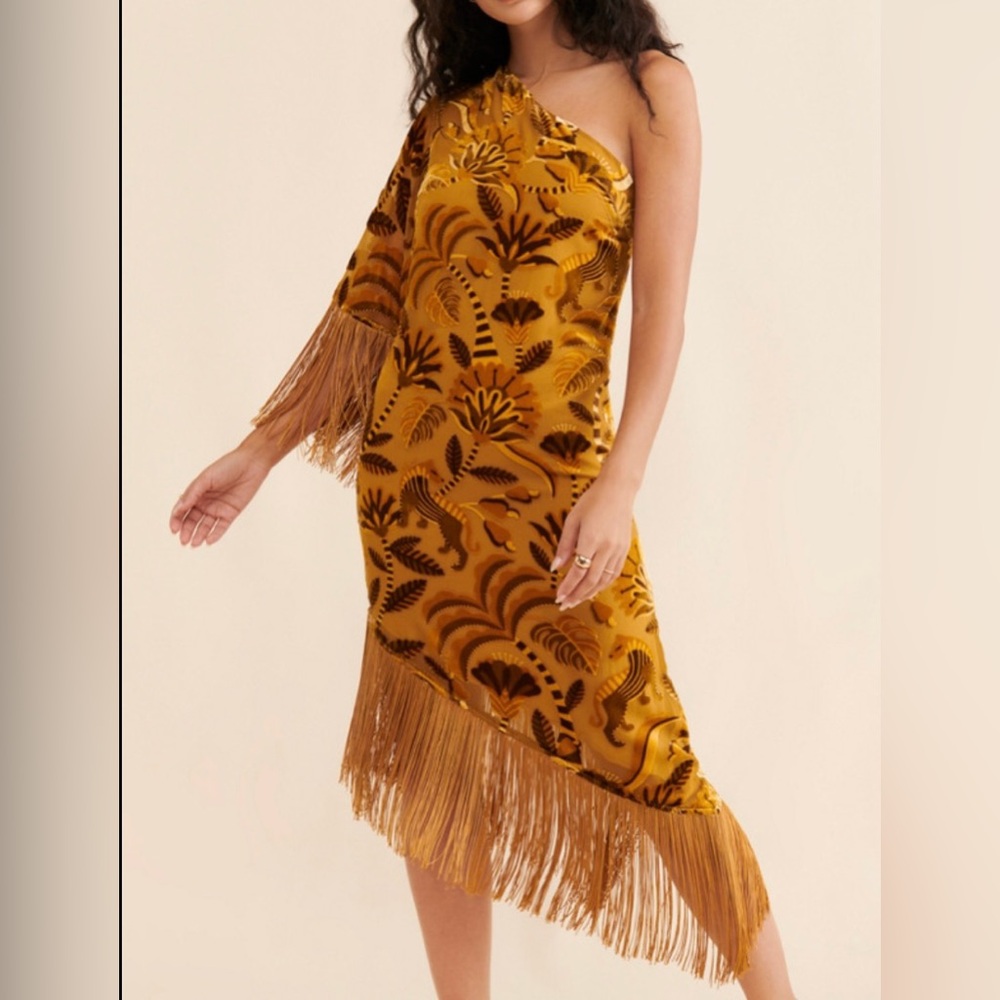 FARM Rio Elegant One-Shoulder Golden Velvet Fringe Dress XS